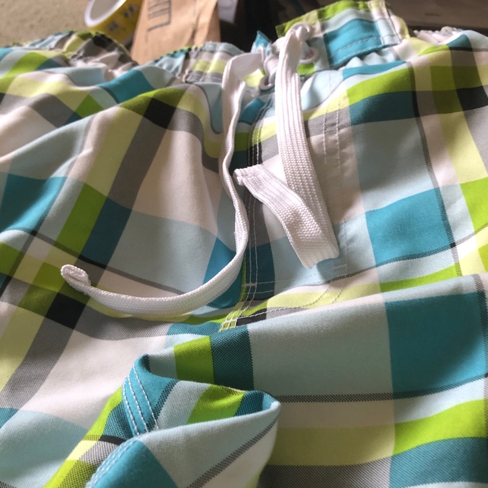 Plaid Swim Trunks in Teal, Lime & White